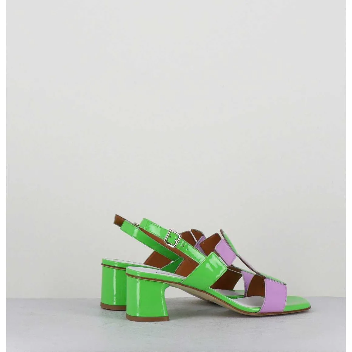 Sandales 60S Bout Carre En Cuir Vernis Vert & Lilas - Lefai Green Lilas