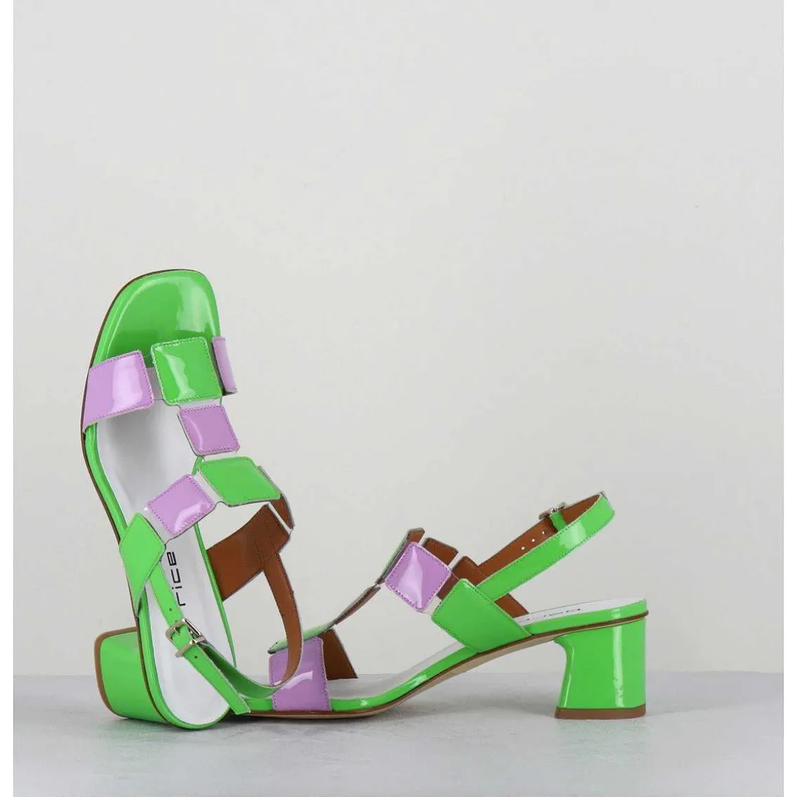 Sandales 60S Bout Carre En Cuir Vernis Vert & Lilas - Lefai Green Lilas