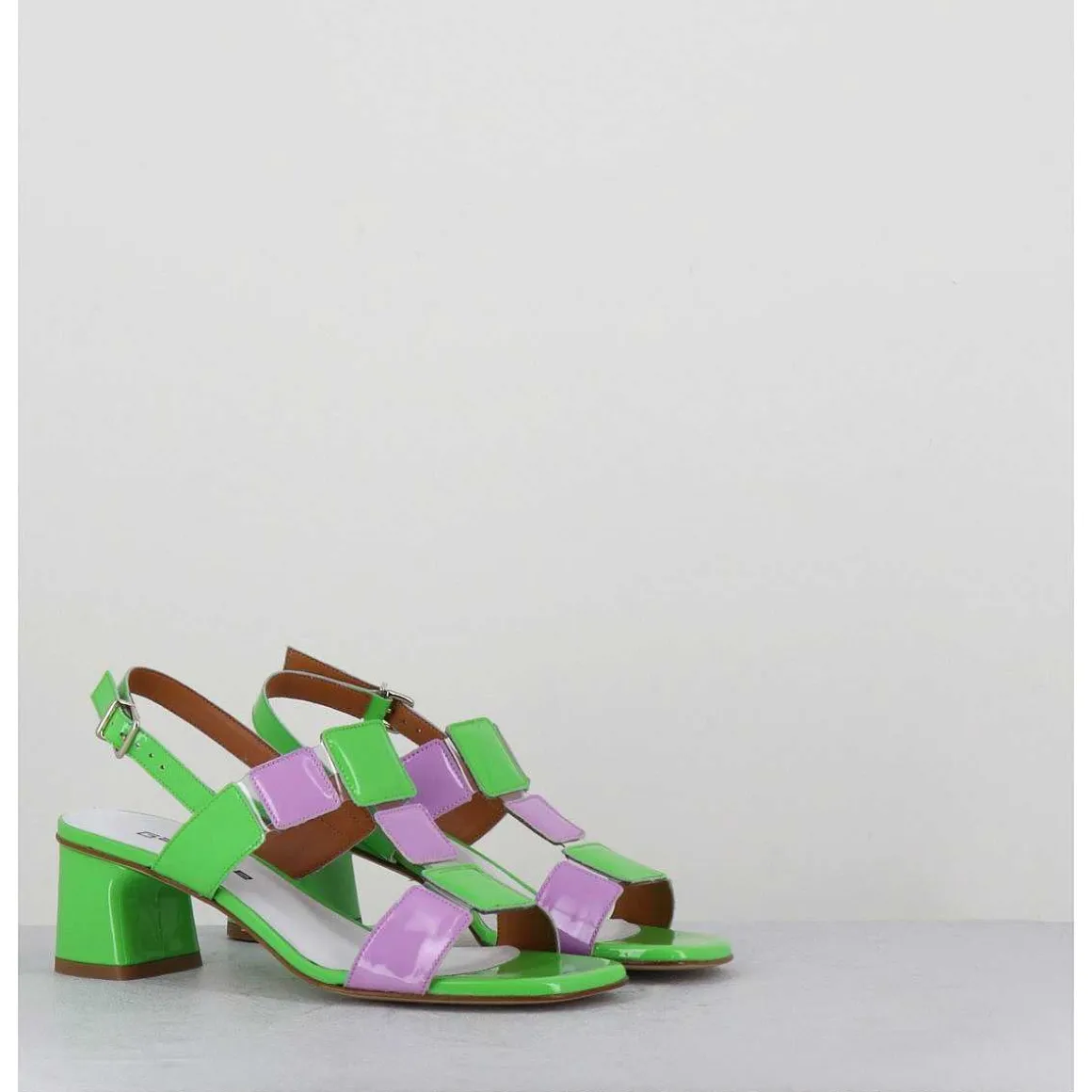 Sandales 60S Bout Carre En Cuir Vernis Vert & Lilas - Lefai Green Lilas