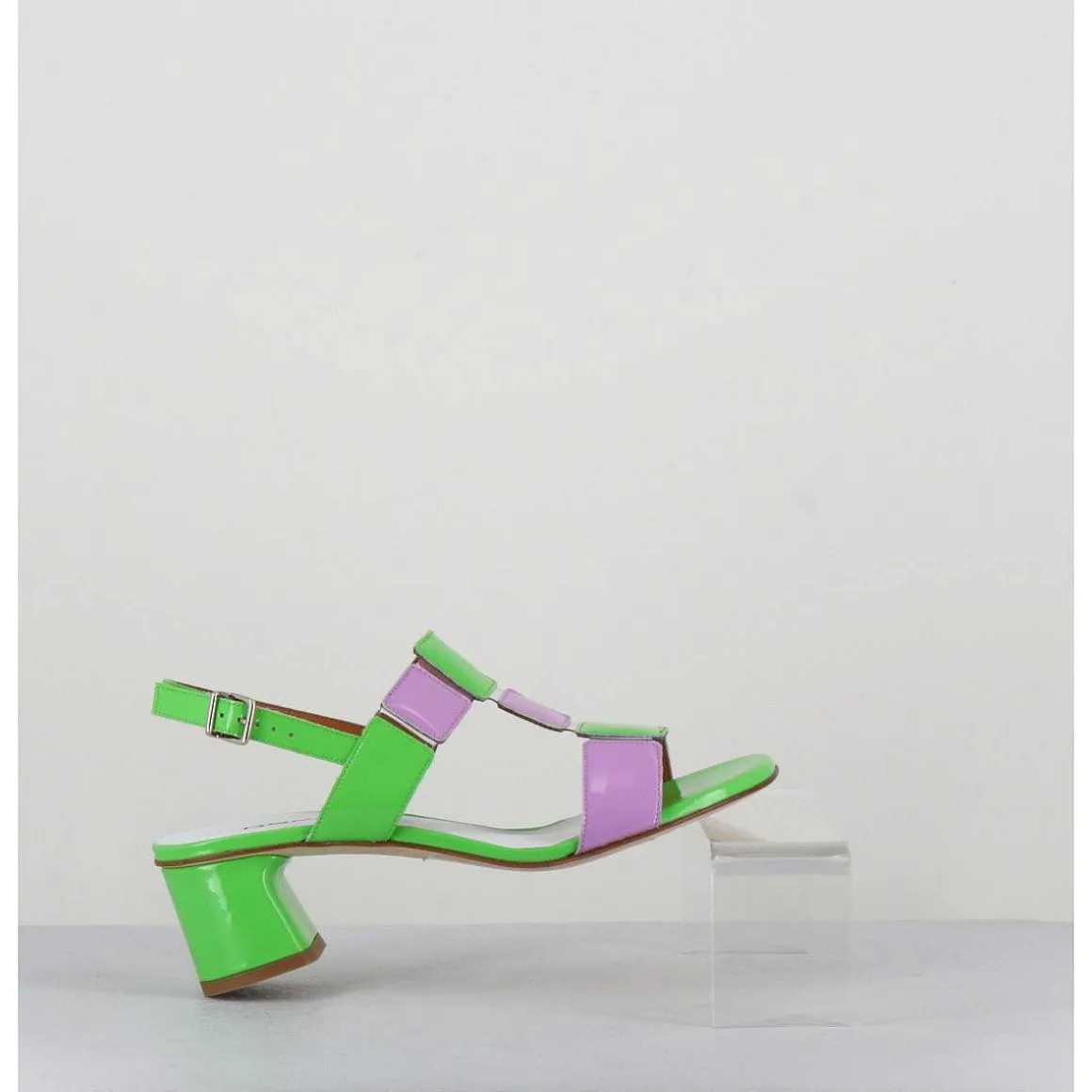 Sandales 60S Bout Carre En Cuir Vernis Vert & Lilas - Lefai Green Lilas