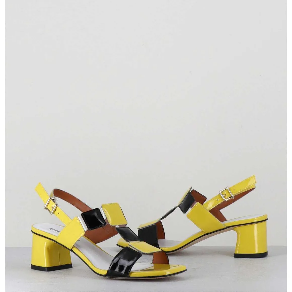 Sandales 60S Bout Carre En Cuir Vernis Jaune & Noir - Lefai Yellow Black