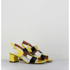 Sandales 60S Bout Carre En Cuir Vernis Jaune & Noir - Lefai Yellow Black
