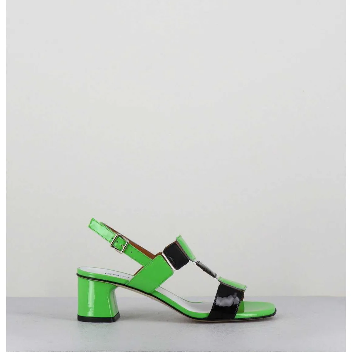 Sandales 60S Bout Carre En Cuir Vernis Vert & Noir - Lefai Green Black