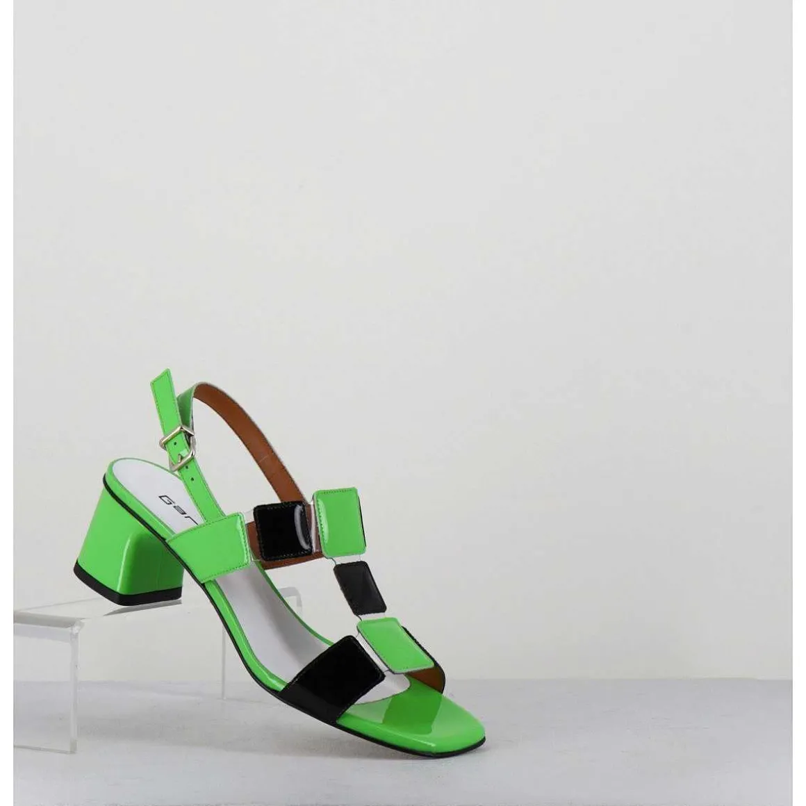 Sandales 60S Bout Carre En Cuir Vernis Vert & Noir - Lefai Green Black