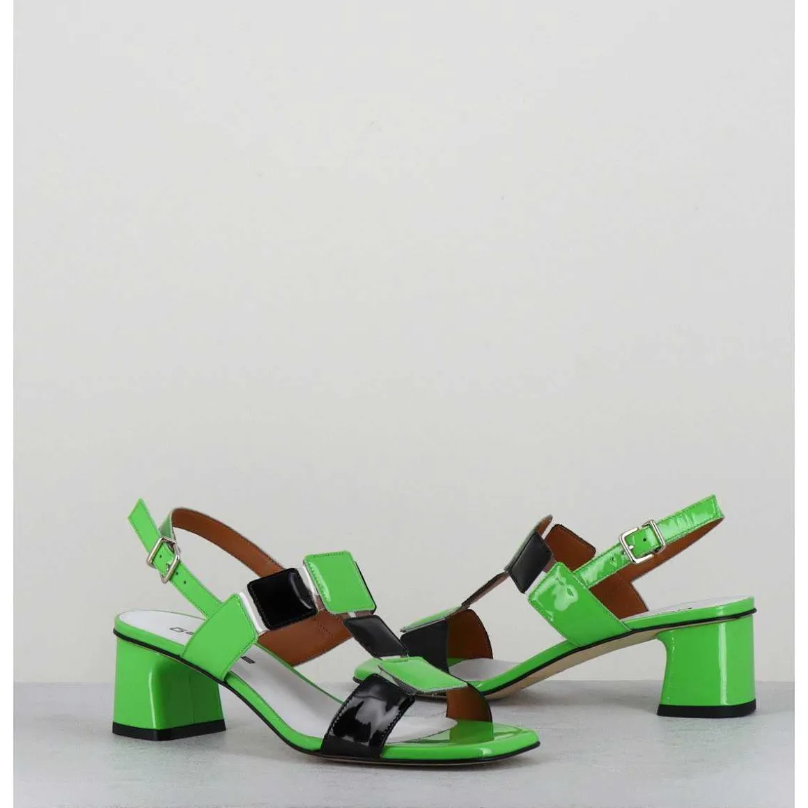 Sandales 60S Bout Carre En Cuir Vernis Vert & Noir - Lefai Green Black