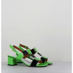 Sandales 60S Bout Carre En Cuir Vernis Vert & Noir - Lefai Green Black
