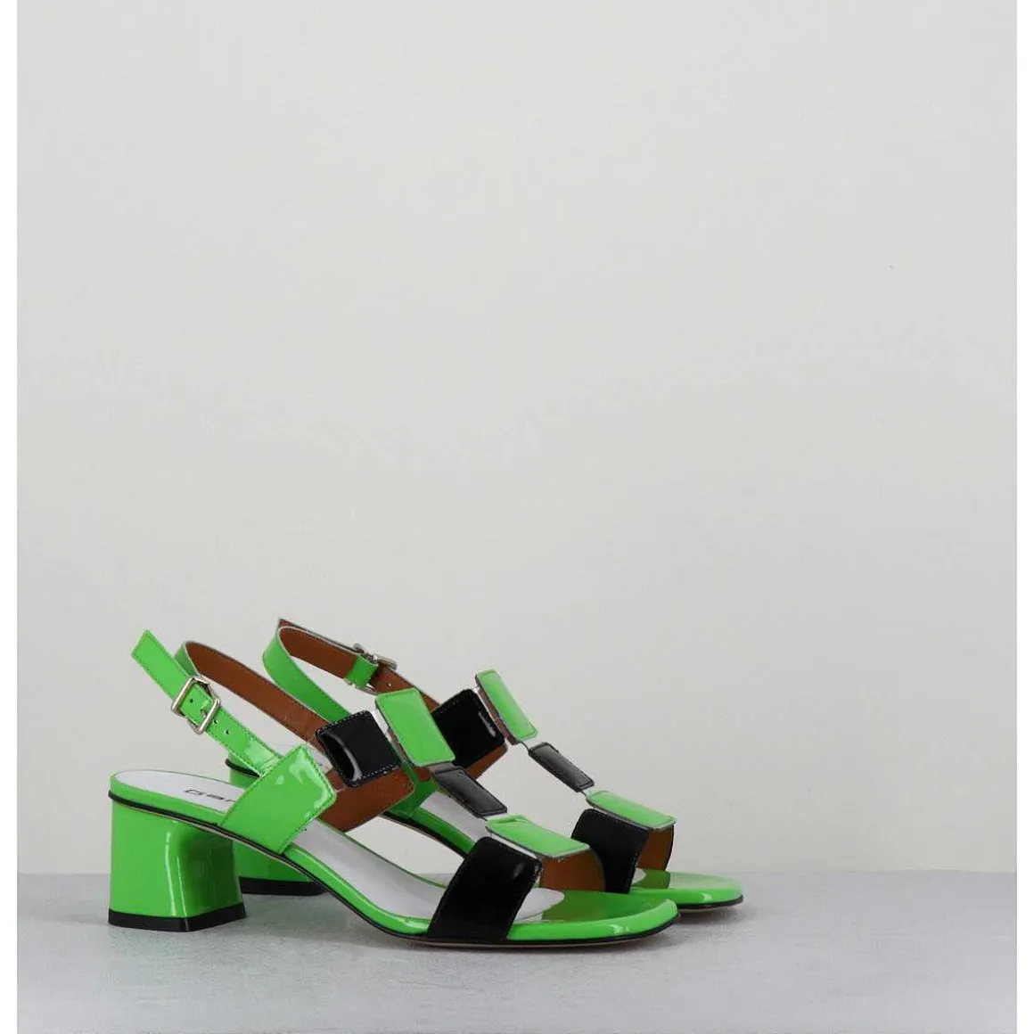 Sandales 60S Bout Carre En Cuir Vernis Vert & Noir - Lefai Green Black