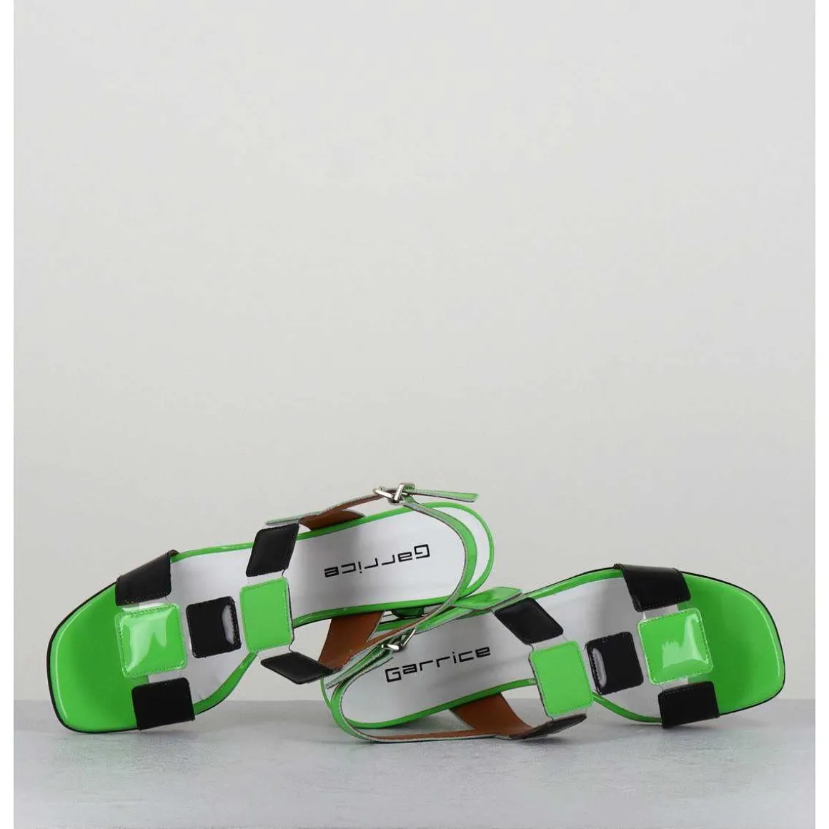 Sandales 60S Bout Carre En Cuir Vernis Vert & Noir - Lefai Green Black