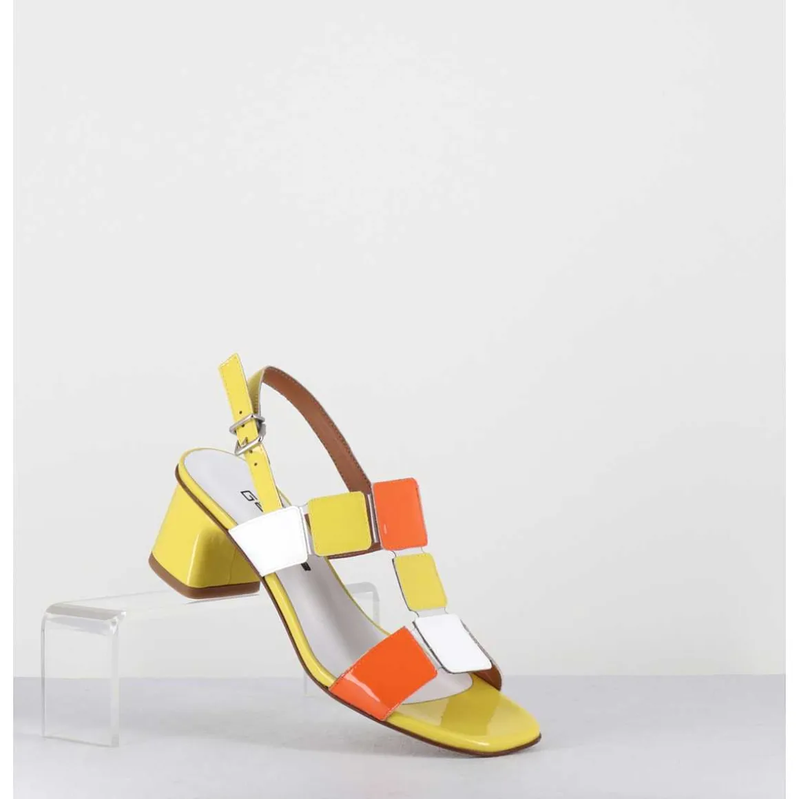 Sandales 60S En Cuir Vernis Jaune Orange Blanc - Lefai8 Vernice Egg