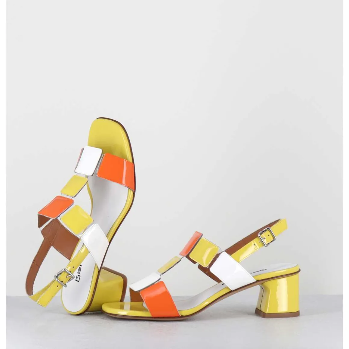 Sandales 60S En Cuir Vernis Jaune Orange Blanc - Lefai8 Vernice Egg