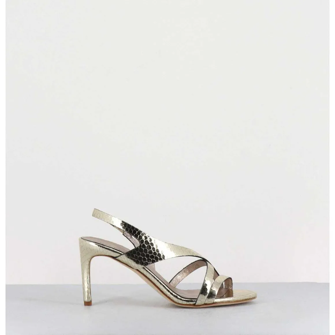 Sandales Talon Fin Slingback En Cuir Metallise Dore - 11527 Viper Platino