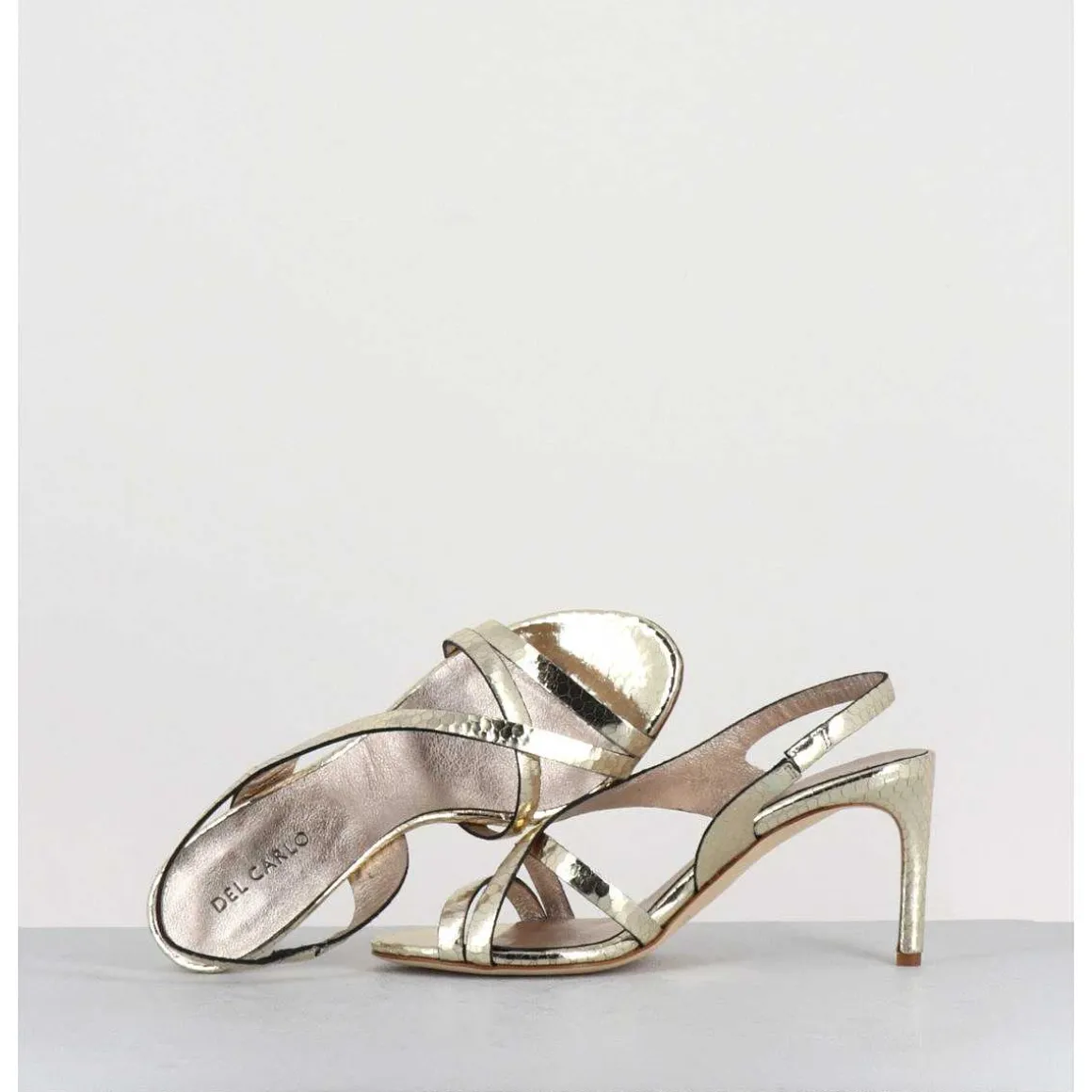 Sandales Talon Fin Slingback En Cuir Metallise Dore - 11527 Viper Platino