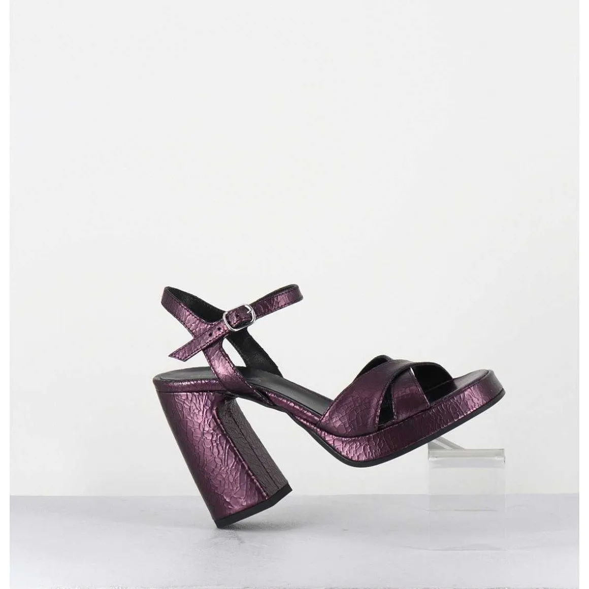Sandales Talon Haut A Plateforme En Cuir Craquele Prune - Suma2 Crak Prugna