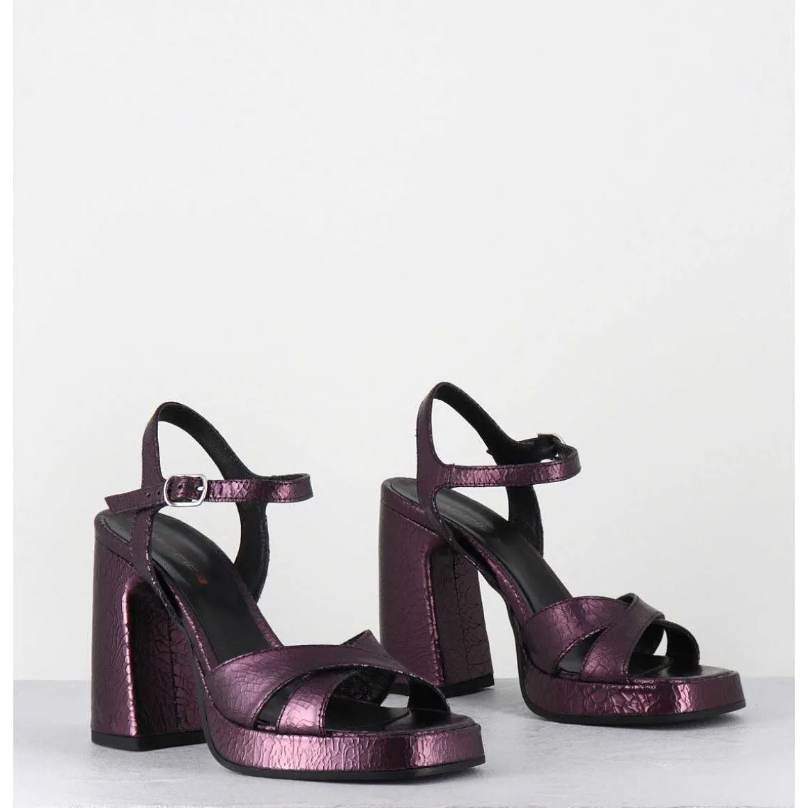 Sandales Talon Haut A Plateforme En Cuir Craquele Prune - Suma2 Crak Prugna