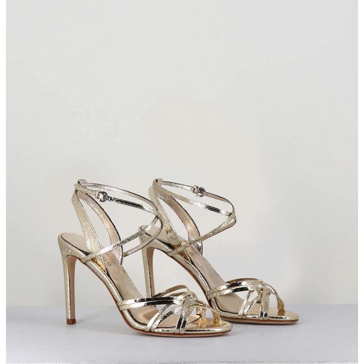 Sandales Talon Haut Cuir Imprime Serpent Dore - 11119 Viper Platino