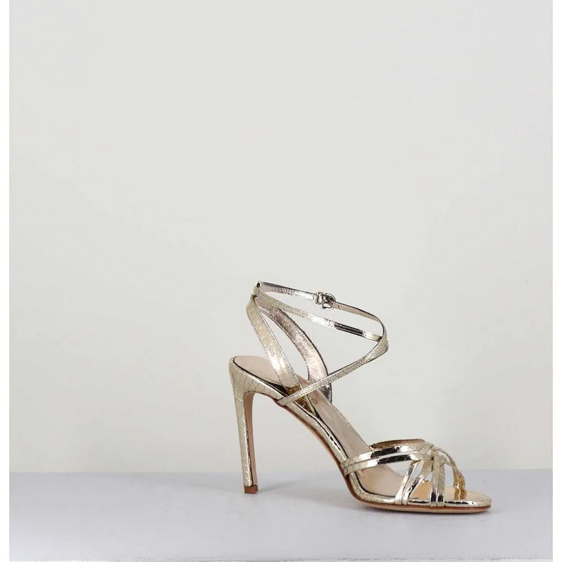 Sandales Talon Haut Cuir Imprime Serpent Dore - 11119 Viper Platino