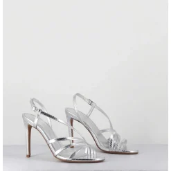 Sandales Talon Haut Multi-Brides Cuir Metallise Argent - Korni Whips Argento