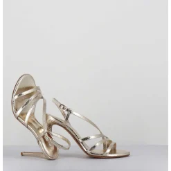 Sandales Talon Haut Multi-Brides Cuir Metallise Dore - Korni Whips Oro