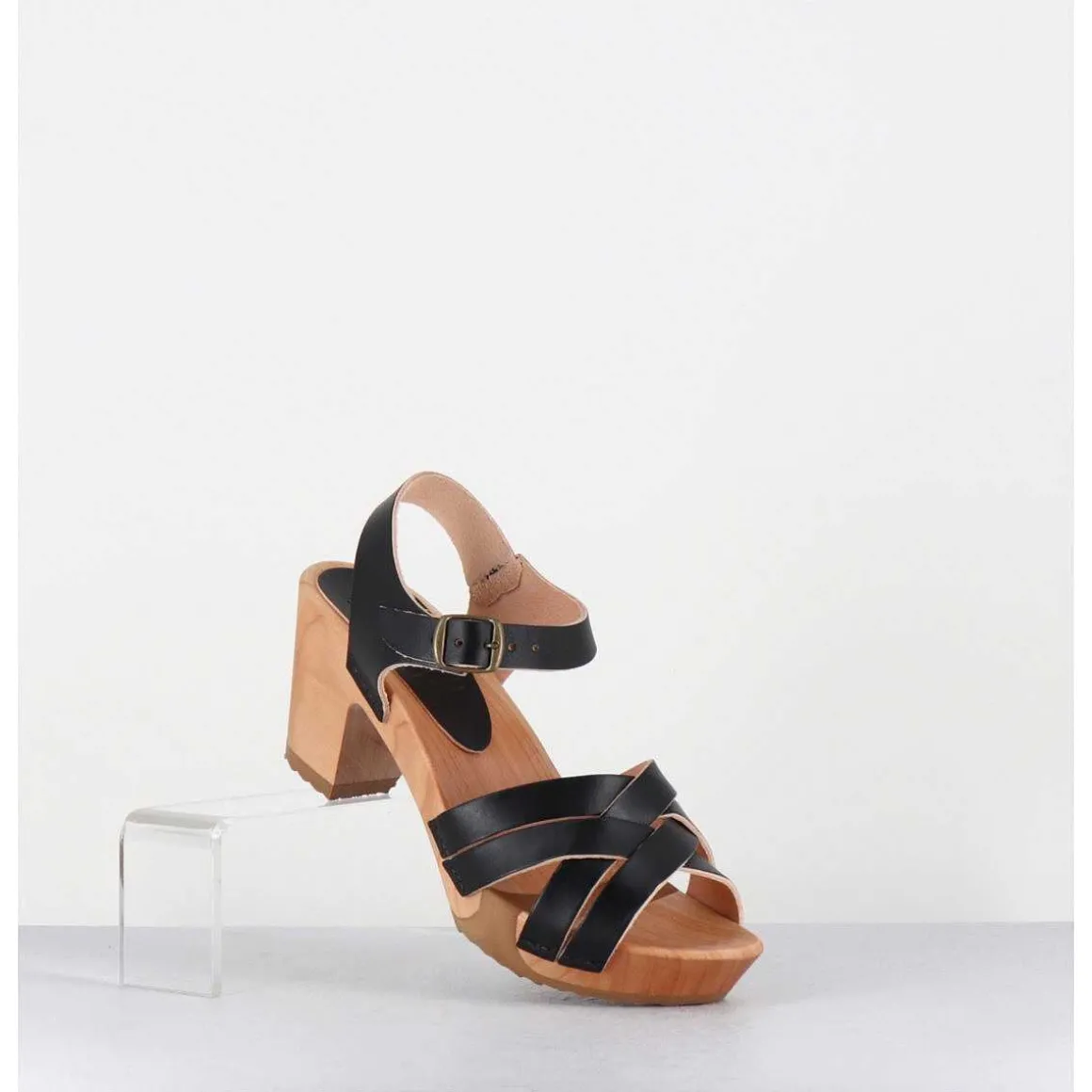 Sandales-Sabots A Talon Leger Cuir Noir - 236-109 Veg Noir