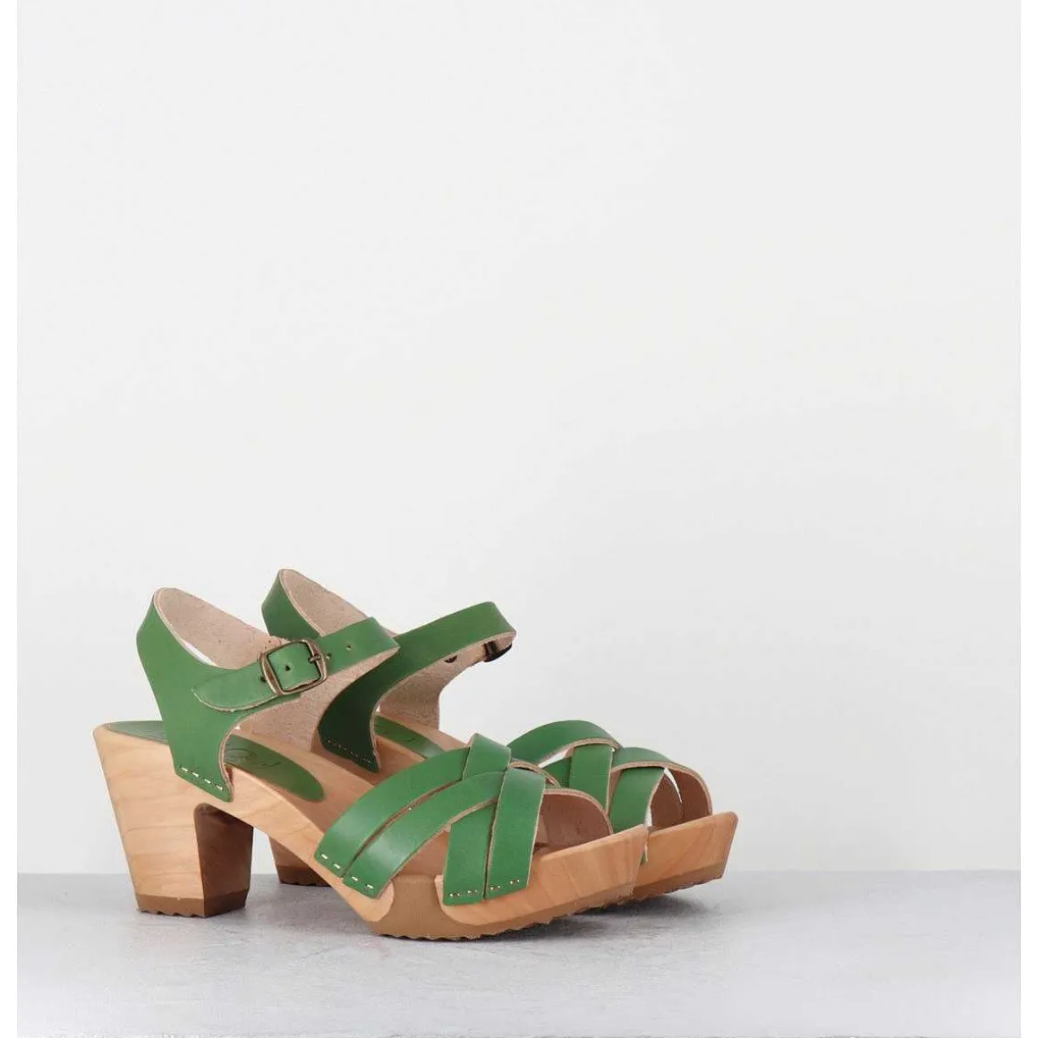 Sandales-Sabots A Talon Leger Cuir Vert Pomme - 236-109 Veg Pomme