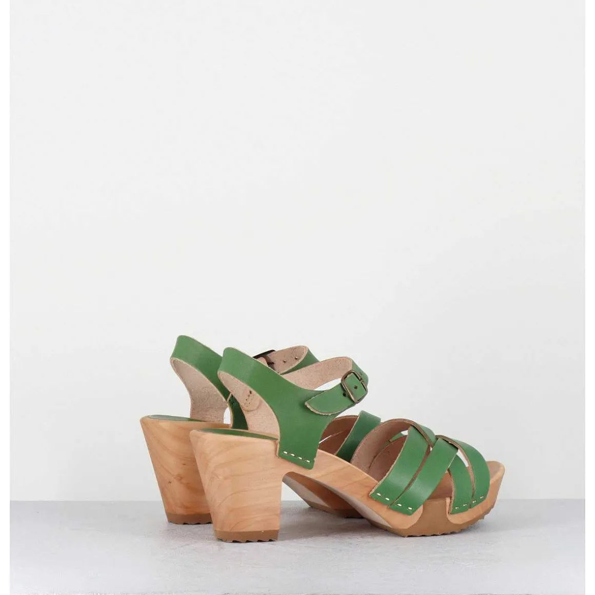Sandales-Sabots A Talon Leger Cuir Vert Pomme - 236-109 Veg Pomme