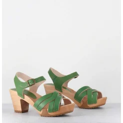 Sandales-Sabots A Talon Leger Cuir Vert Pomme - 236-109 Veg Pomme