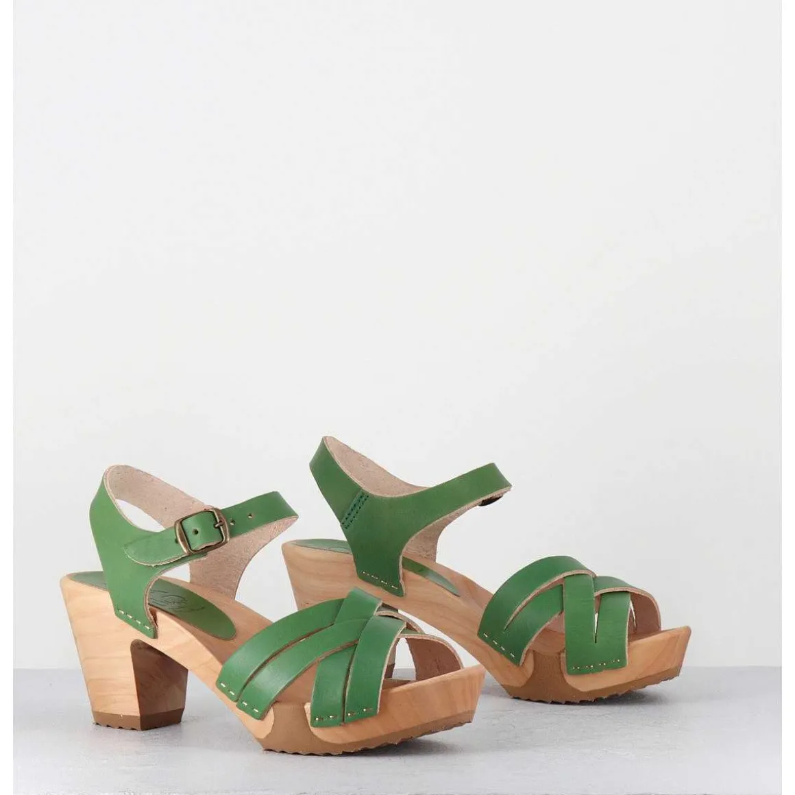 Sandales-Sabots A Talon Leger Cuir Vert Pomme - 236-109 Veg Pomme