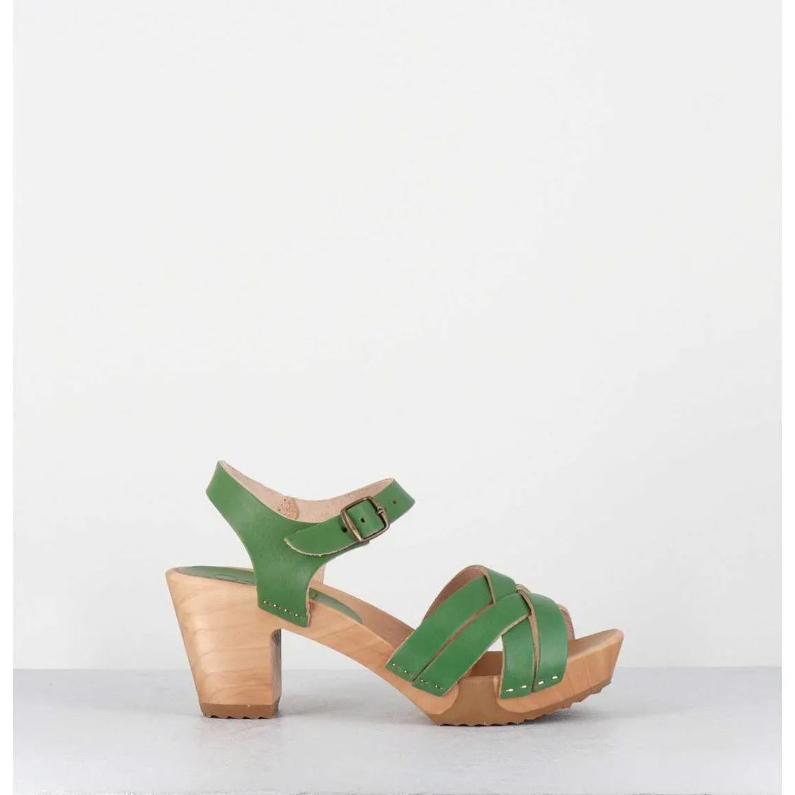 Sandales-Sabots A Talon Leger Cuir Vert Pomme - 236-109 Veg Pomme