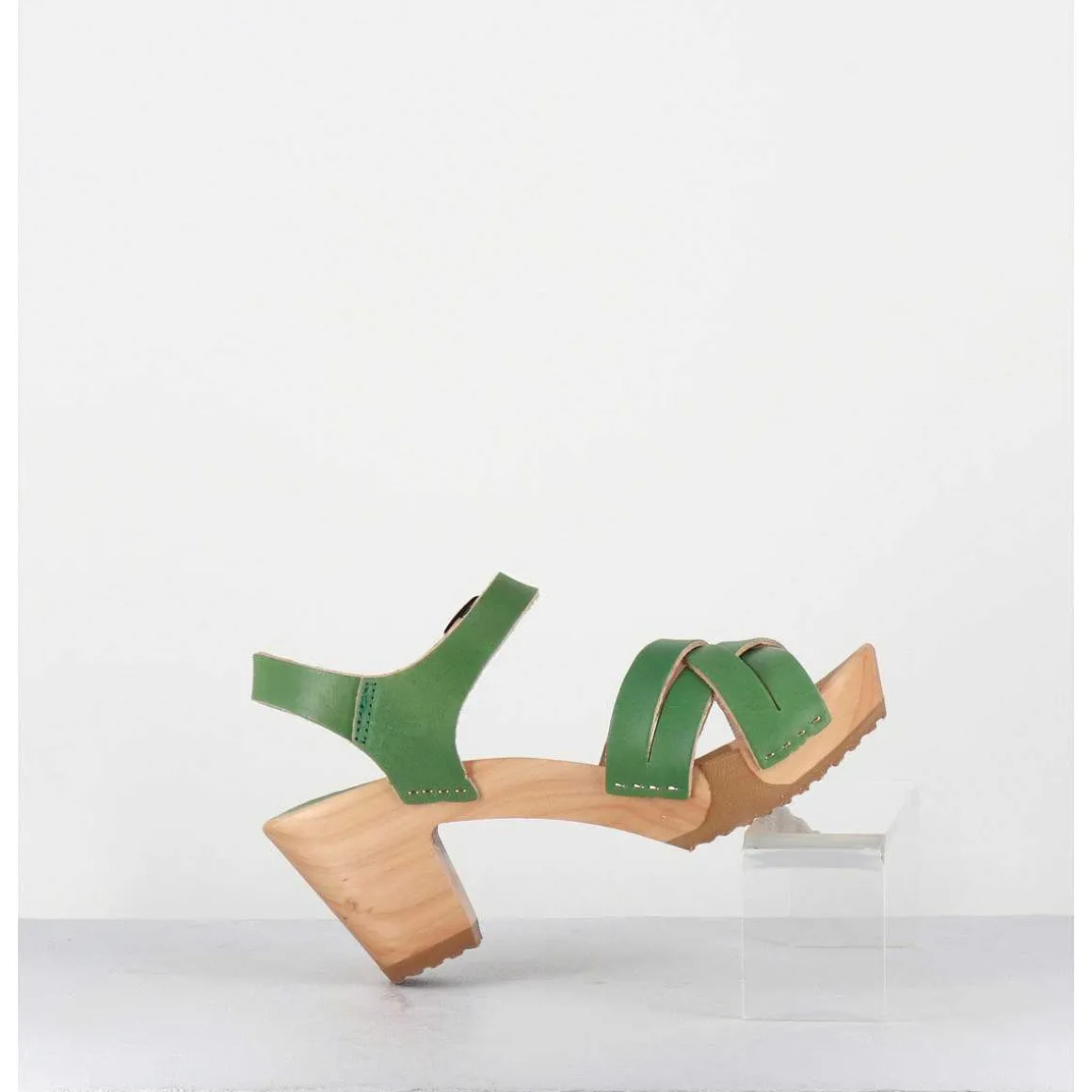 Sandales-Sabots A Talon Leger Cuir Vert Pomme - 236-109 Veg Pomme