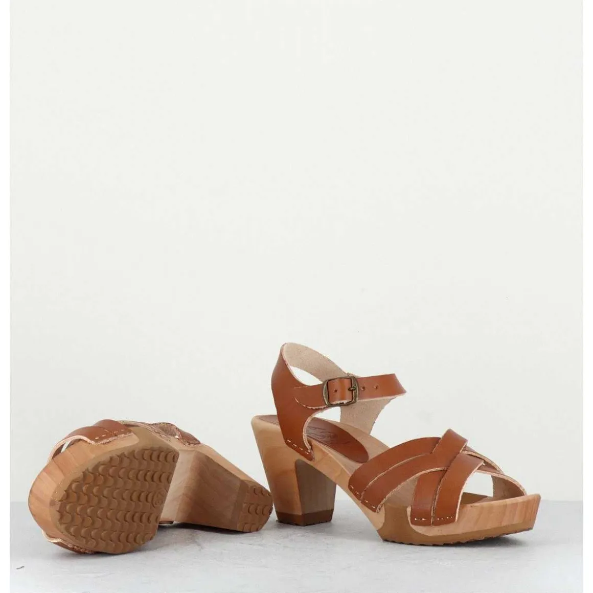Sandales-Sabots A Talon Leger Cuir Camel - 236-109 Veg Doe