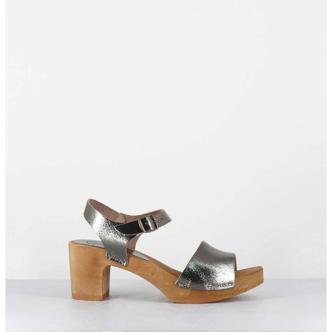 Sandales-Sabots A Talon Legers En Cuir Metallise Argente - 484-054 Old Metal