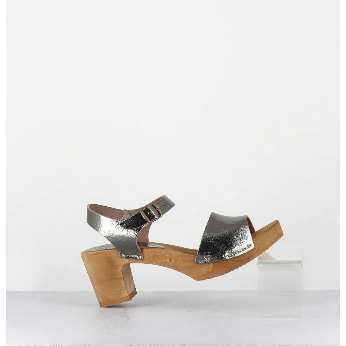 Sandales-Sabots A Talon Legers En Cuir Metallise Argente - 484-054 Old Metal