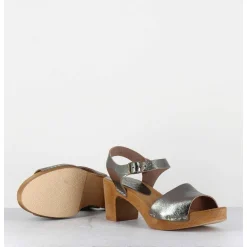 Sandales-Sabots A Talon Legers En Cuir Metallise Argente - 484-054 Old Metal