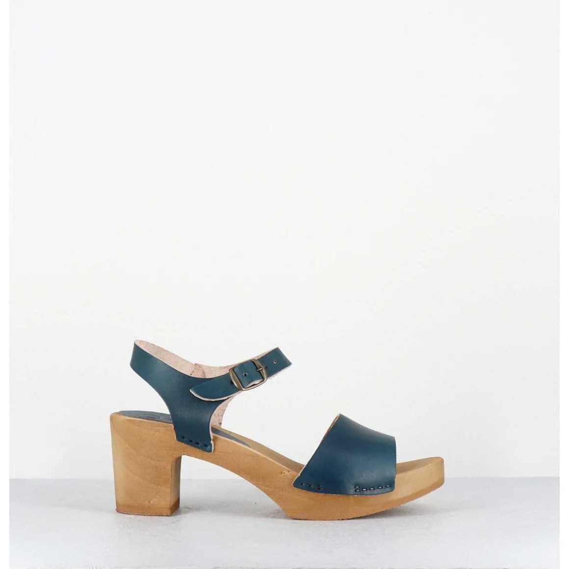 Sandales-Sabots A Talon Legers En Cuir Bleu - 484-054 Veg Petrol