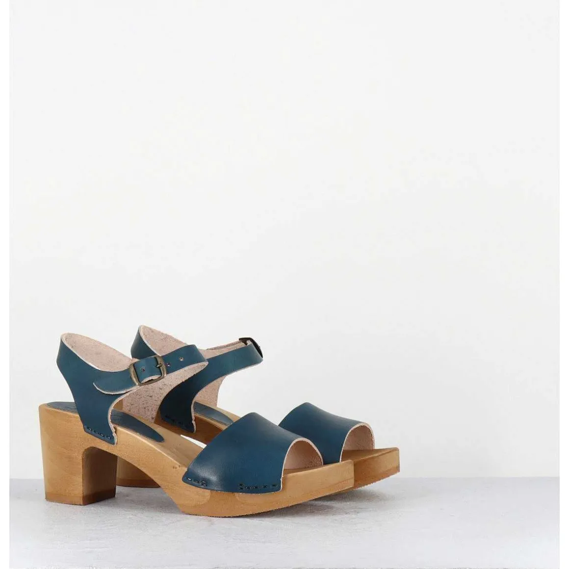 Sandales-Sabots A Talon Legers En Cuir Bleu - 484-054 Veg Petrol