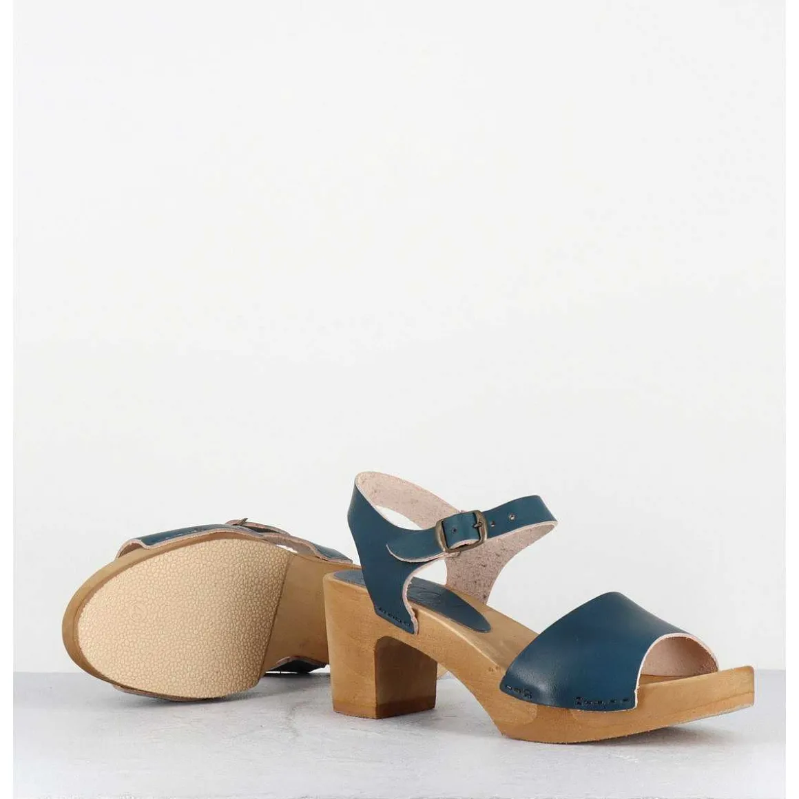 Sandales-Sabots A Talon Legers En Cuir Bleu - 484-054 Veg Petrol