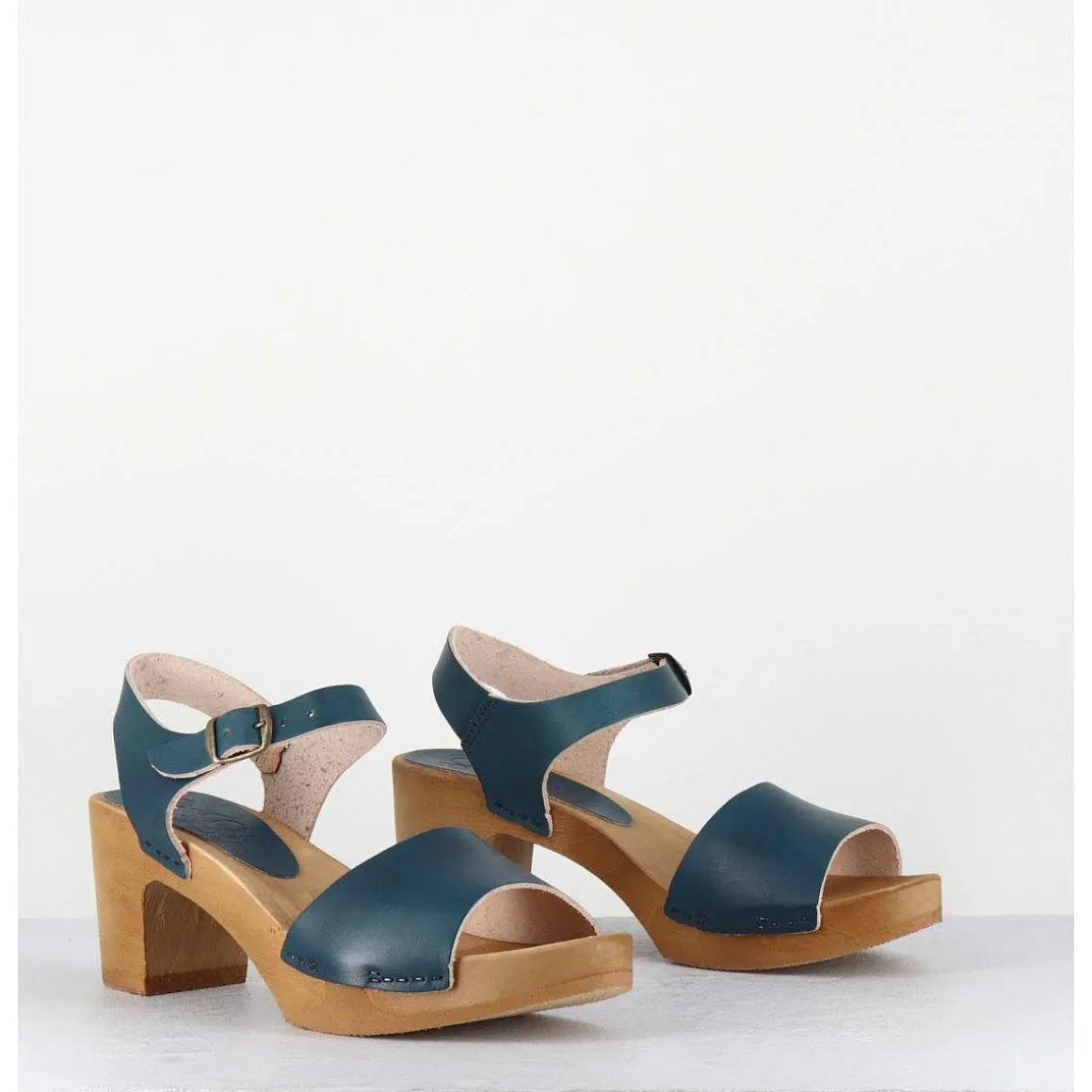 Sandales-Sabots A Talon Legers En Cuir Bleu - 484-054 Veg Petrol