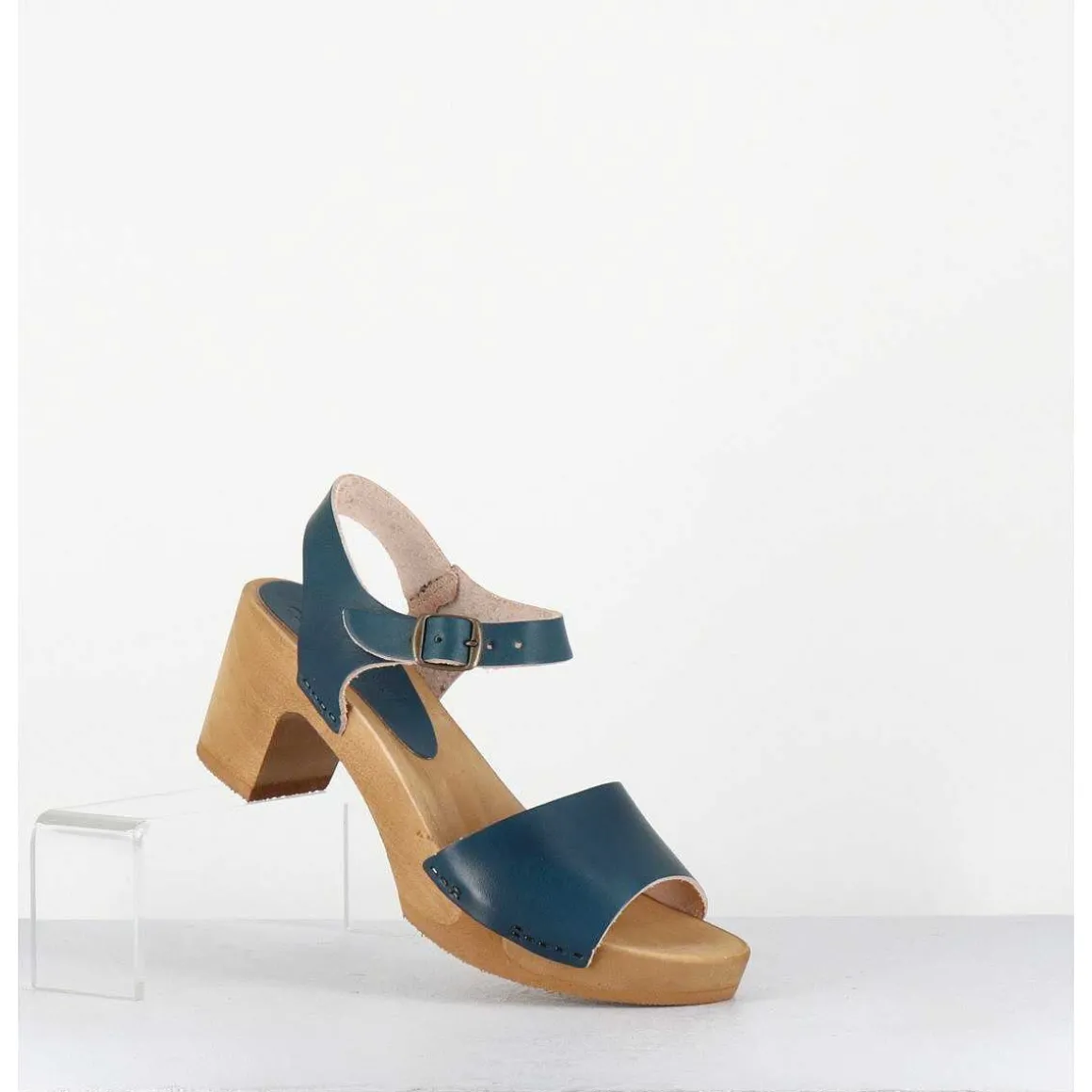 Sandales-Sabots A Talon Legers En Cuir Bleu - 484-054 Veg Petrol