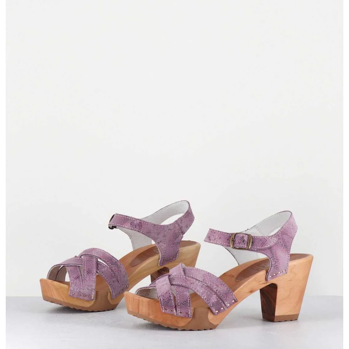 Sandales-Sabots A Talon Leger Cuir Imprime Serpent Irise Mauve - 236 Reptil Mauve