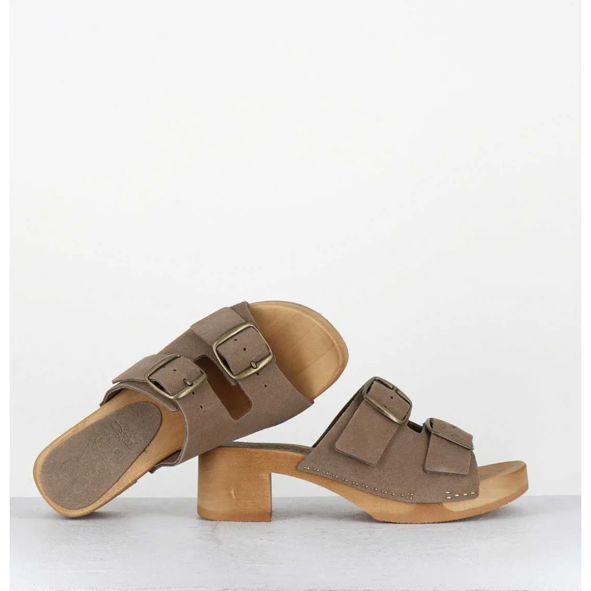 Sandales-Sabots Flexible Boucles Daim Taupe Petit Talon - 487-059 Daim Taupe
