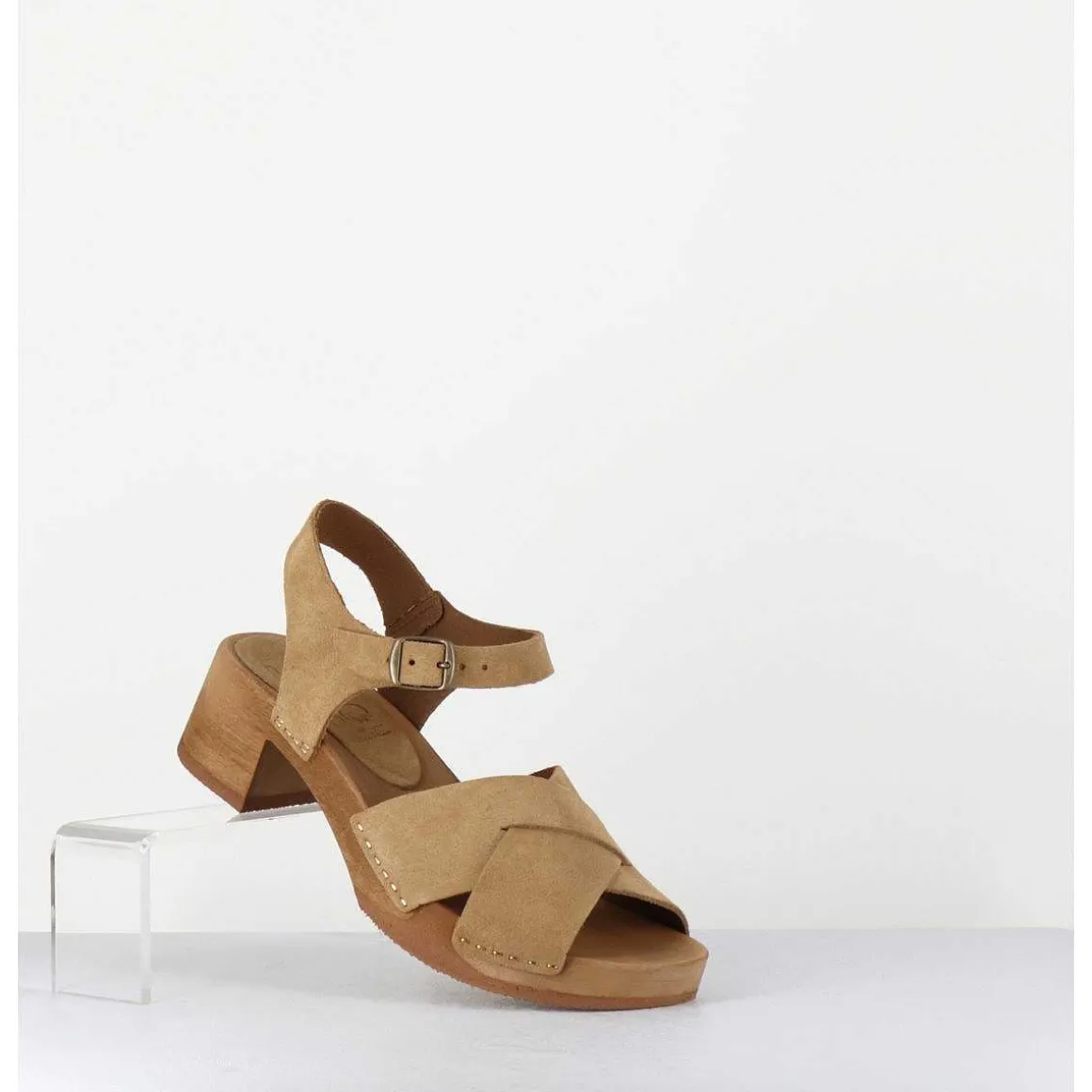 Sandales-Sabots Flexible Daim Camel Petit Talon - 457-288 Daim Tan