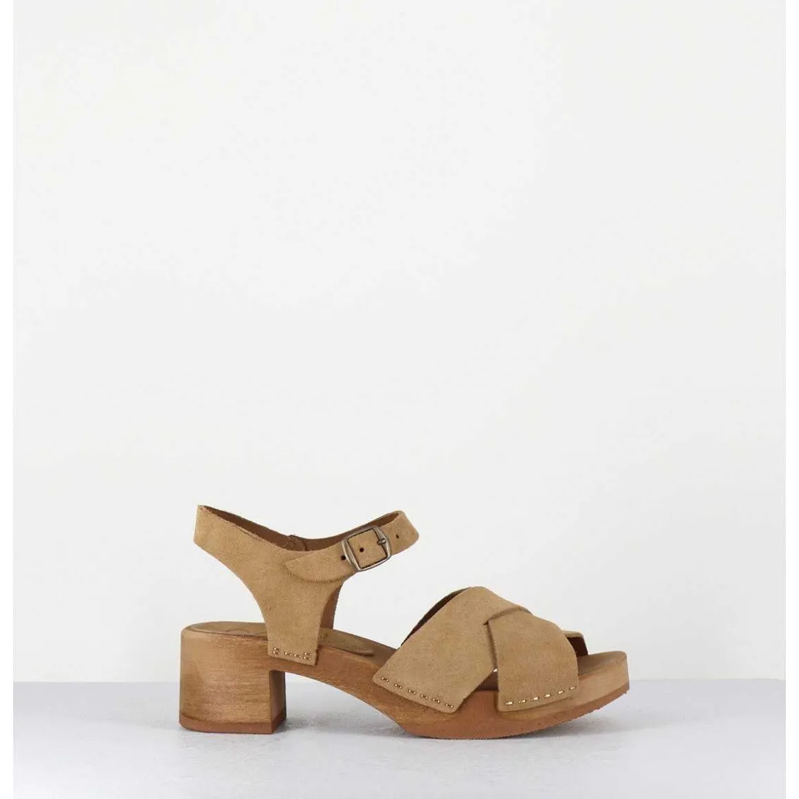 Sandales-Sabots Flexible Daim Camel Petit Talon - 457-288 Daim Tan