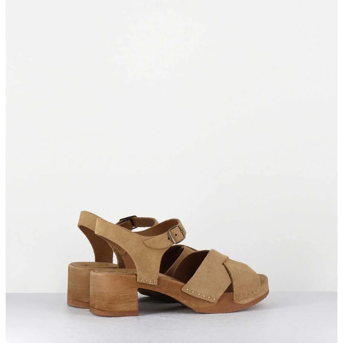 Sandales-Sabots Flexible Daim Camel Petit Talon - 457-288 Daim Tan