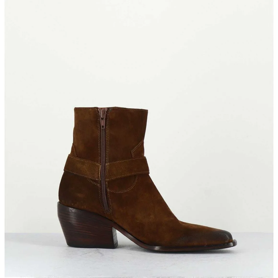 Santiags Boucle Western Bout Carre Daim Marron - E2646 Velour Nucciola