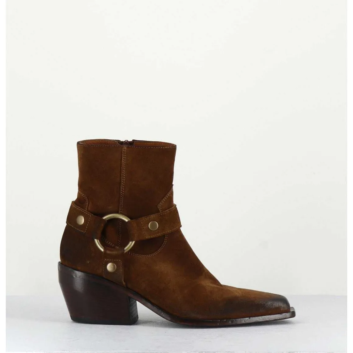 Santiags Boucle Western Bout Carre Daim Marron - E2646 Velour Nucciola