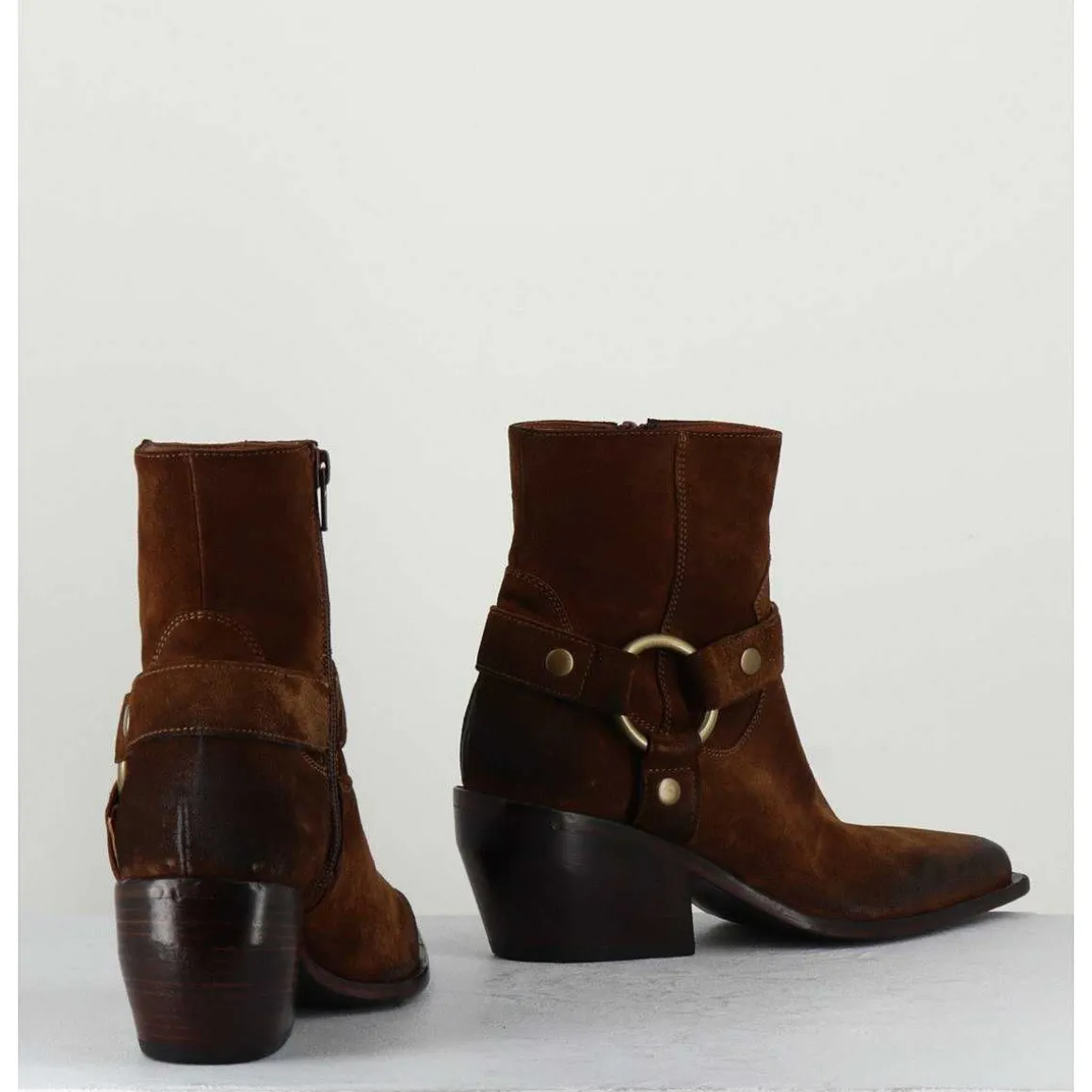 Santiags Boucle Western Bout Carre Daim Marron - E2646 Velour Nucciola