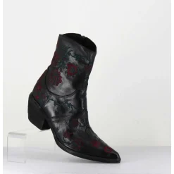 Santiags Cuir Noir Broderies Fleurs - 3843 Ignis Nero