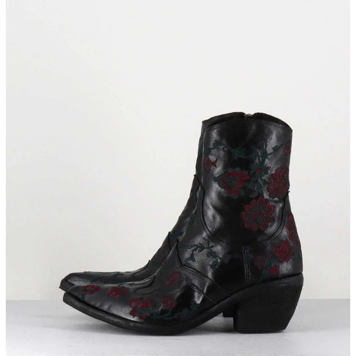 Santiags Cuir Noir Broderies Fleurs - 3843 Ignis Nero