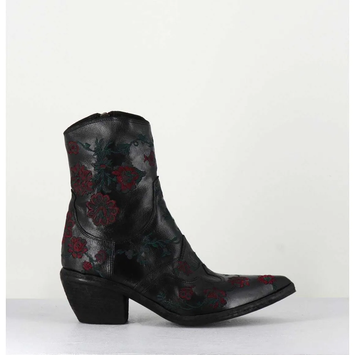 Santiags Cuir Noir Broderies Fleurs - 3843 Ignis Nero