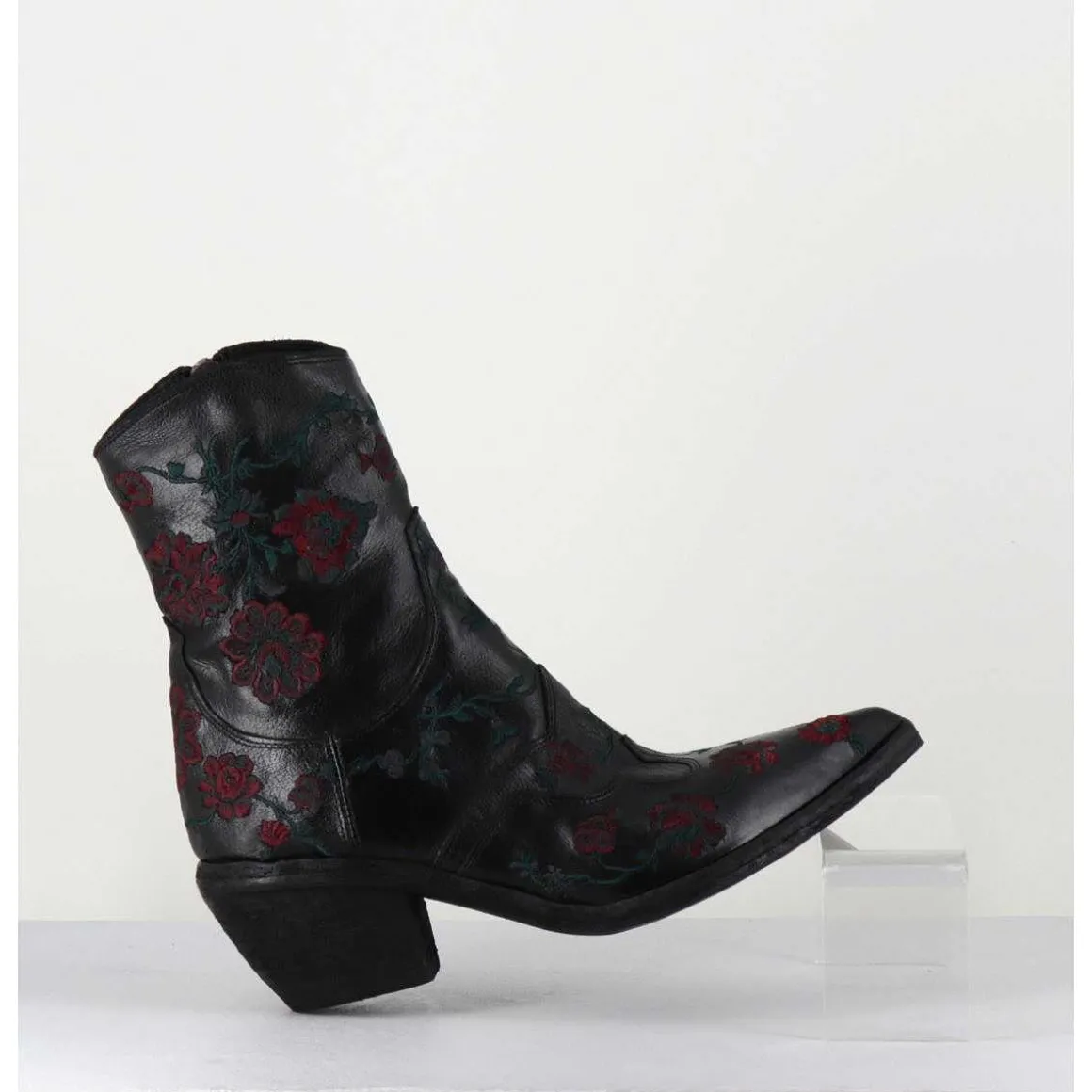 Santiags Cuir Noir Broderies Fleurs - 3843 Ignis Nero